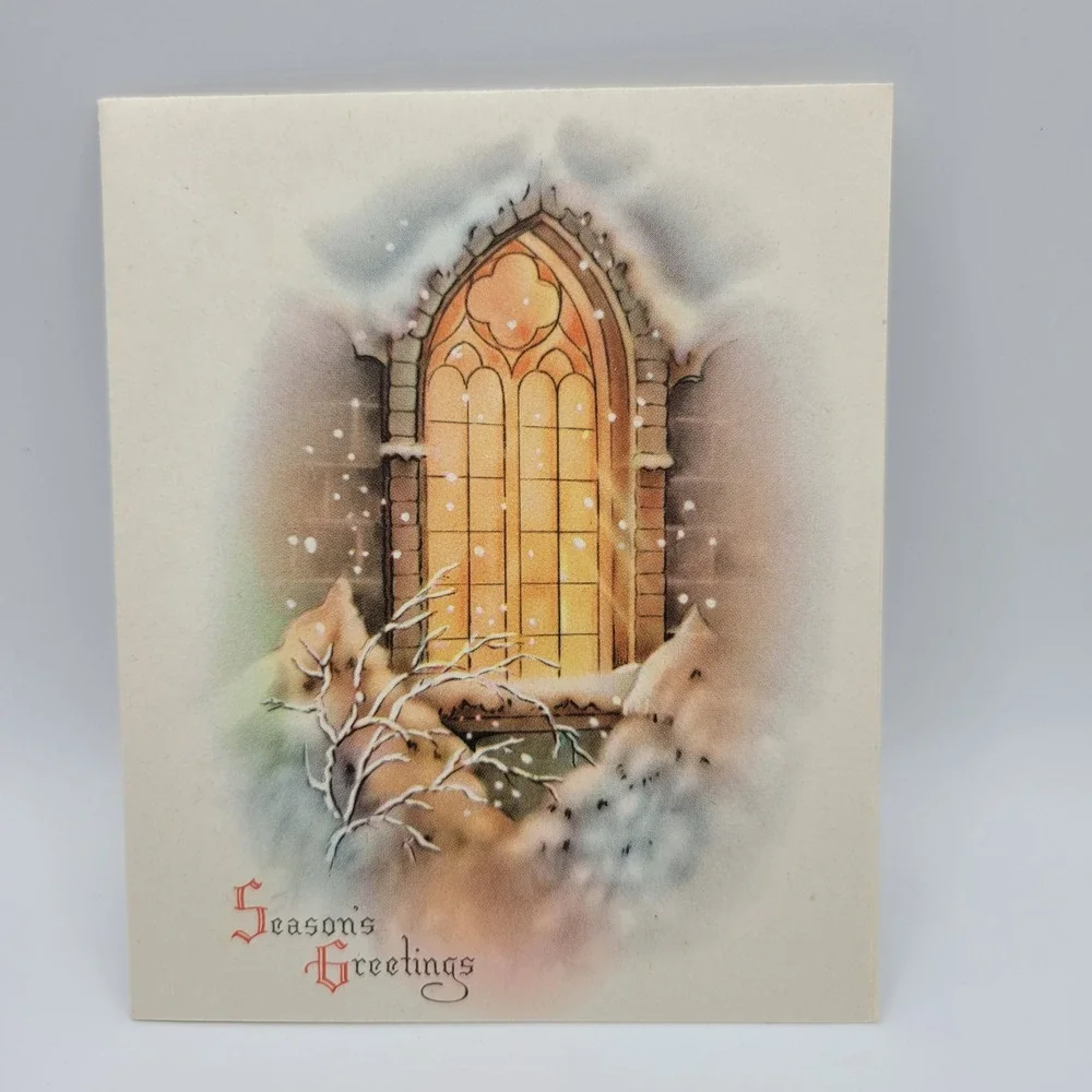 Vintage Seasons Greetings Christmas Card Church Window‎ Religious Holiday Card